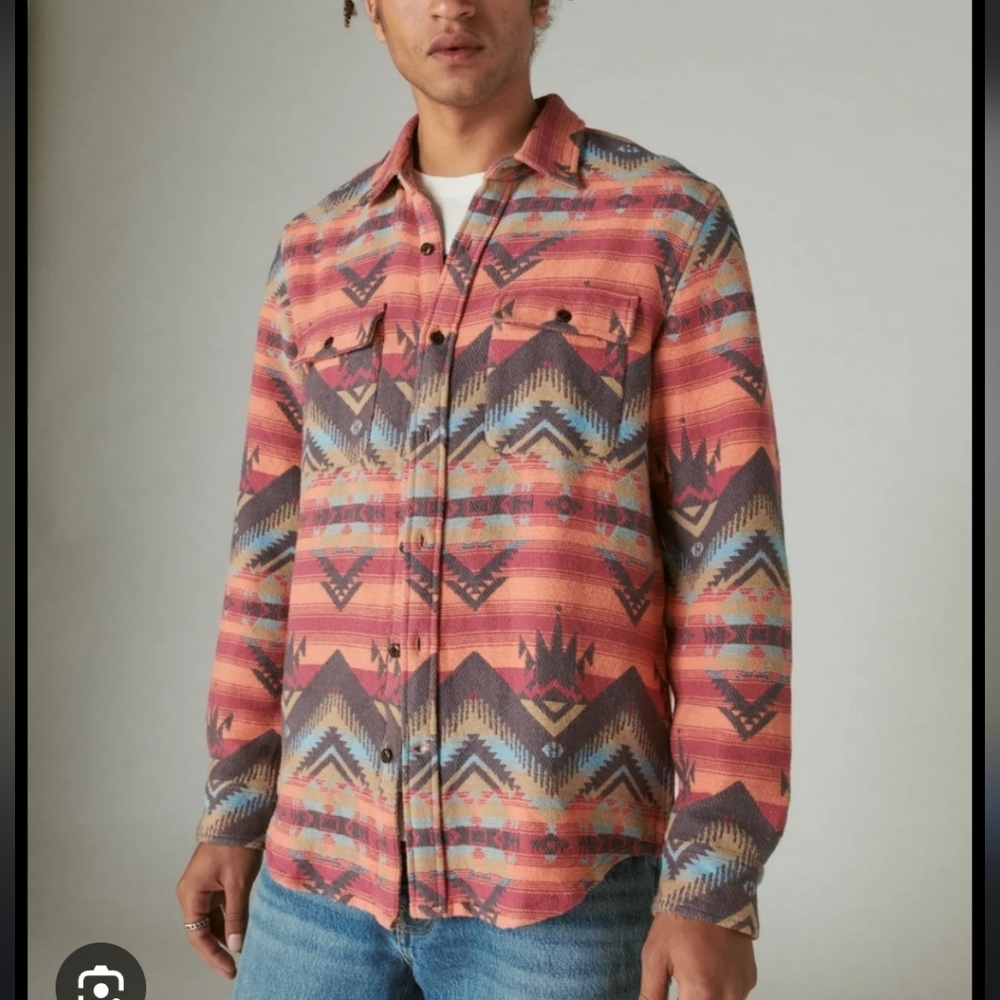Lucky Brand Multi-Color Aztec Print Button-Down Shirt (Coral, Blue, Brown)